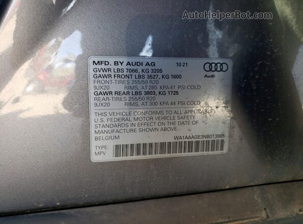 WA1AAAGE3NB013985 2022 AUDI E-TRON Gray Vista de la etiqueta del VIN