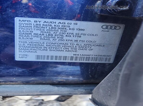 WA1AHAF71KD035367 2019 AUDI Q7 Blue VIN კოდის სტიკერის ხედი