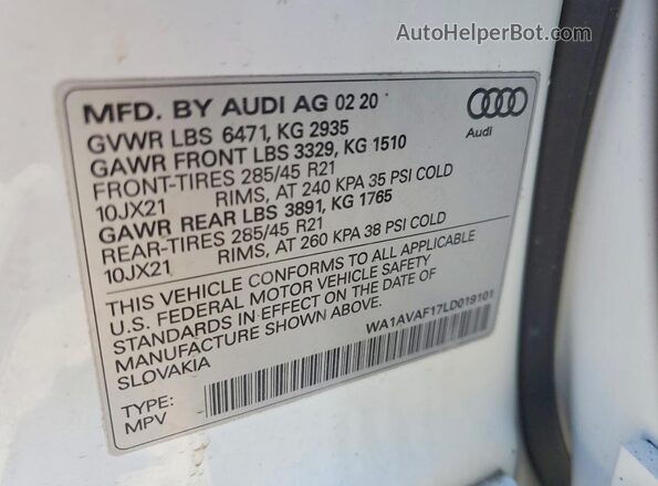 WA1AVAF17LD019101 2020 AUDI Q8 White VIN կոդի պիտակի տեսք