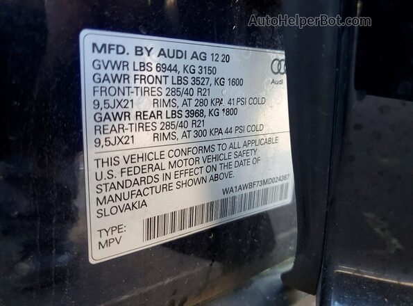 WA1AWBF73MD024367 2021 AUDI SQ7 Black VIN კოდის სტიკერის ხედი