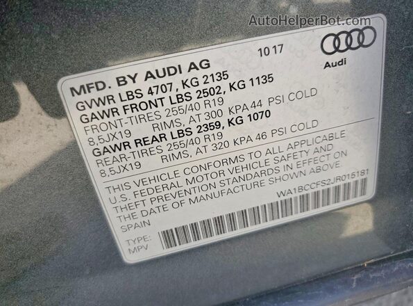 WA1BCCFS2JR015181 2018 AUDI Q3 Gray Widok naklejki z numerem VIN