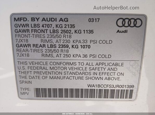 WA1BCCFS3JR001399 2018 AUDI Q3 Белый Вид подкапотного пространства