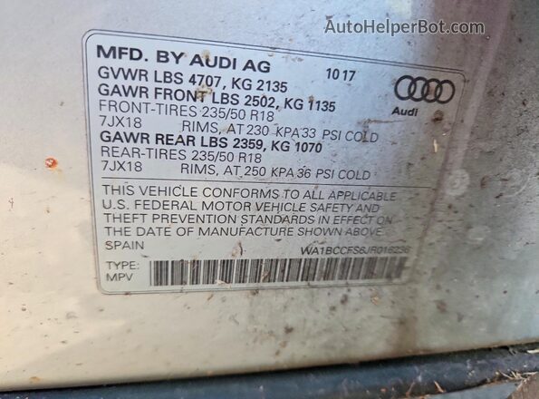 WA1BCCFS6JR016236 2018 AUDI Q3 Silver Vista de la etiqueta del VIN