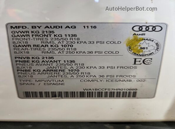 WA1BCCFS7HR010889 2017 AUDI Q3 Белый Вид наклейки с VIN-кодом