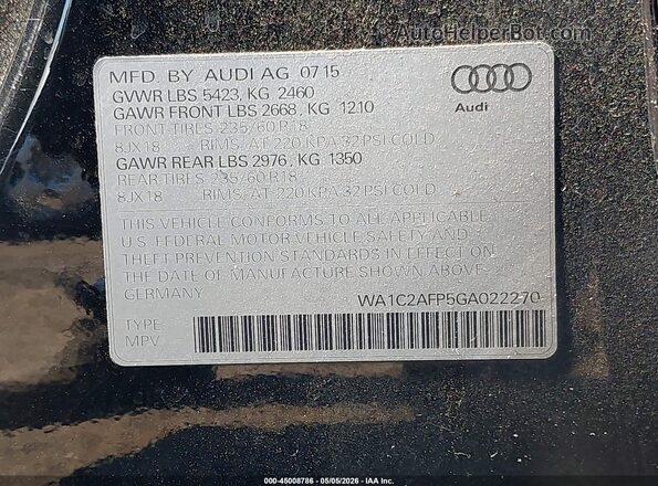 WA1C2AFP5GA022270 2016 AUDI Q5 Черный Вид подкапотного пространства