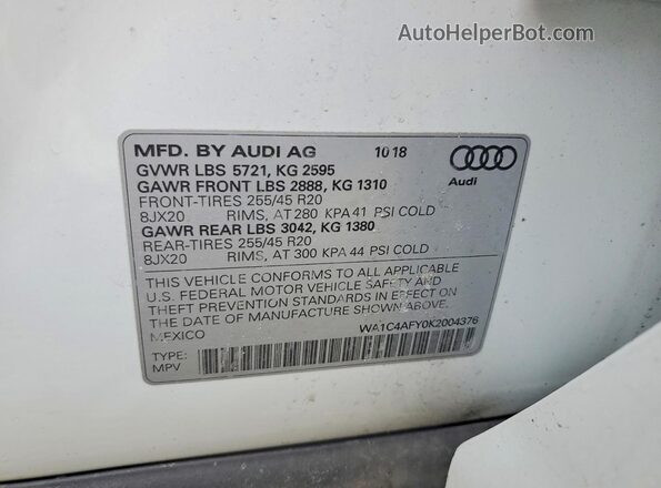WA1C4AFY0K2004376 2019 AUDI SQ5 Белый Вид наклейки с VIN-кодом