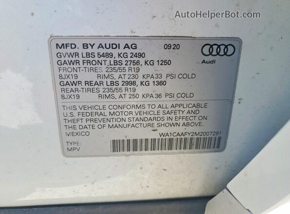 WA1CAAFY2M2007291 2021 AUDI Q5 White Vista de la etiqueta del VIN