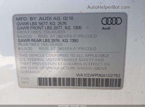 WA1CCAFP0GA102752 2016 AUDI SQ5 White Widok komory silnika