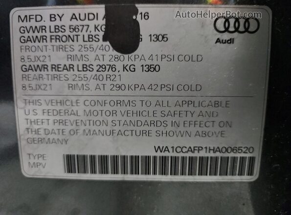 WA1CCAFP1HA006520 2017 AUDI SQ5 Charcoal Widok naklejki z numerem VIN