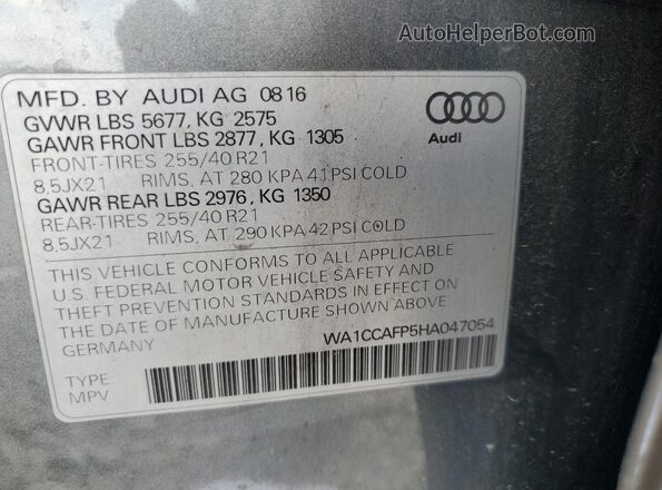 WA1CCAFP5HA047054 2017 AUDI SQ5 Gray VIN კოდის სტიკერის ხედი