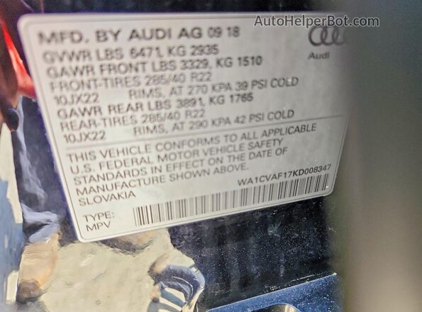 WA1CVAF17KD008347 2019 AUDI Q8 Черный Вид наклейки с VIN-кодом