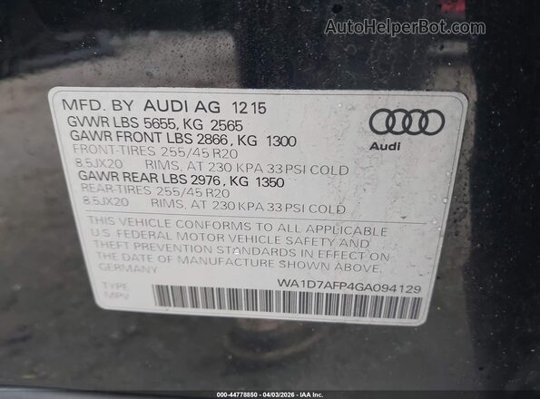WA1D7AFP4GA094129 2016 AUDI Q5 Black Vista del compartimento del motor