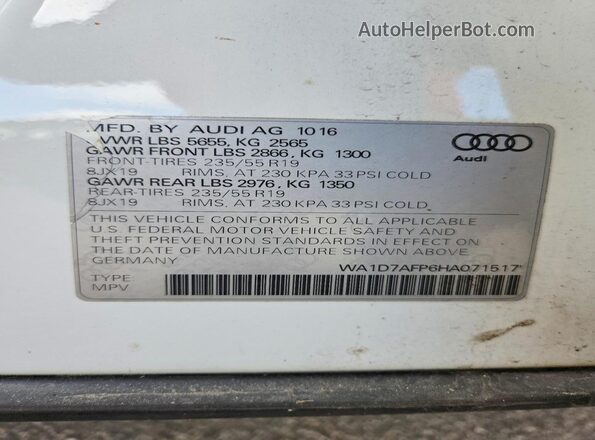 WA1D7AFP6HA071517 2017 AUDI Q5 White Widok naklejki z numerem VIN