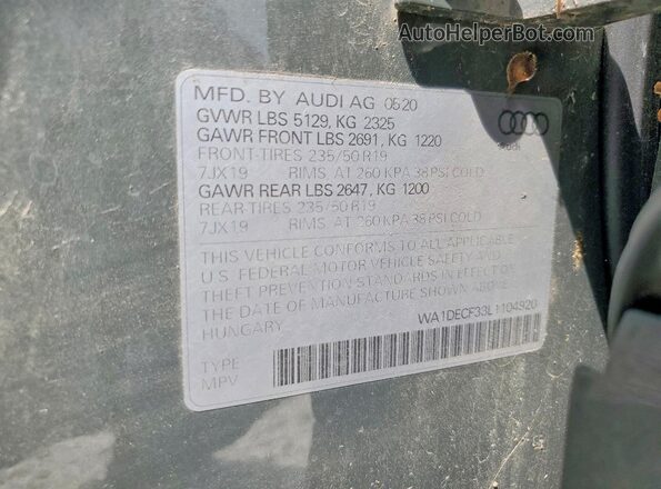 WA1DECF33L1104920 2020 AUDI Q3 Gray Vista de la etiqueta del VIN