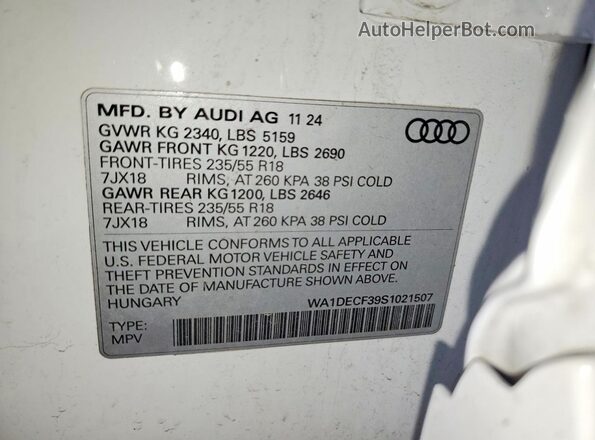 WA1DECF39S1021507 2025 AUDI Q3 Белый Вид наклейки с VIN-кодом