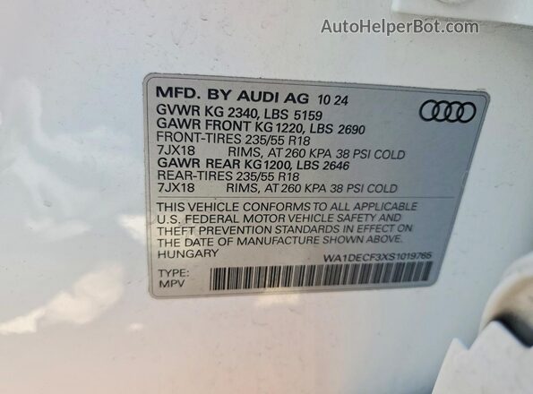 WA1DECF3XS1019765 2025 AUDI Q3 White Widok naklejki z numerem VIN