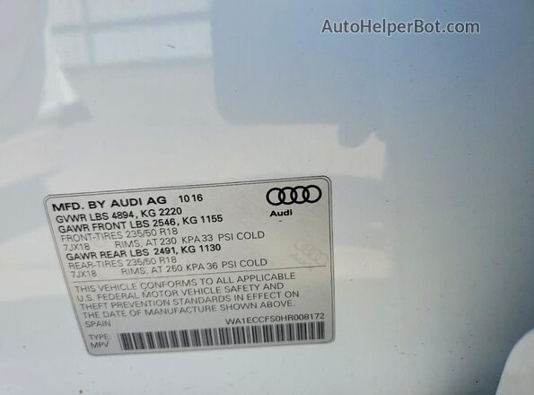 WA1ECCFS0HR008172 2017 AUDI Q3 White VIN კოდის სტიკერის ხედი