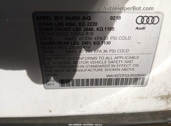 WA1ECCFS3JR026543 2018 AUDI Q3 White Widok komory silnika
