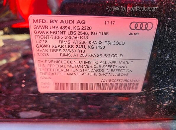 WA1ECCFS7JR018168 2018 AUDI Q3 Black VIN კოდის სტიკერის ხედი