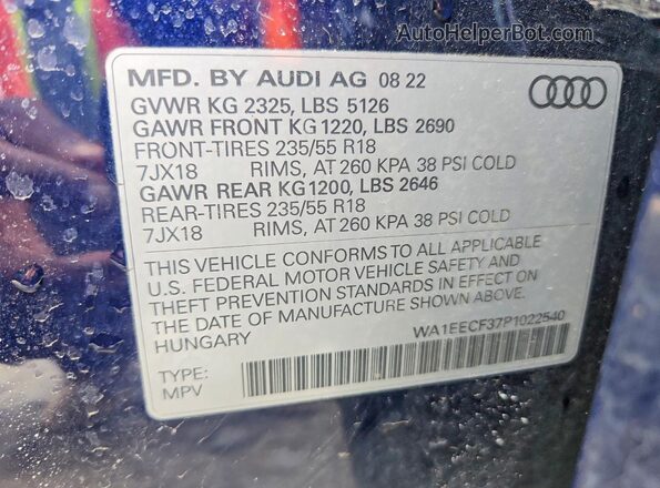 WA1EECF37P1022540 2023 AUDI Q3 Синий Вид наклейки с VIN-кодом