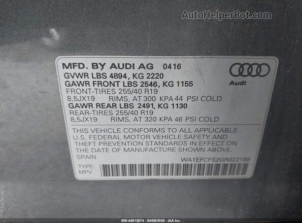 WA1EFCFS2GR022189 2016 AUDI Q3 Серый Вид подкапотного пространства