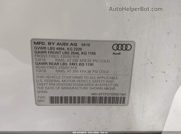 WA1EFCFS7GR021961 2016 AUDI Q3 White Vista del compartimento del motor