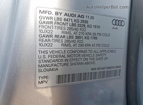 WA1EVAF18MD016503 2021 AUDI Q8 Silver Widok komory silnika