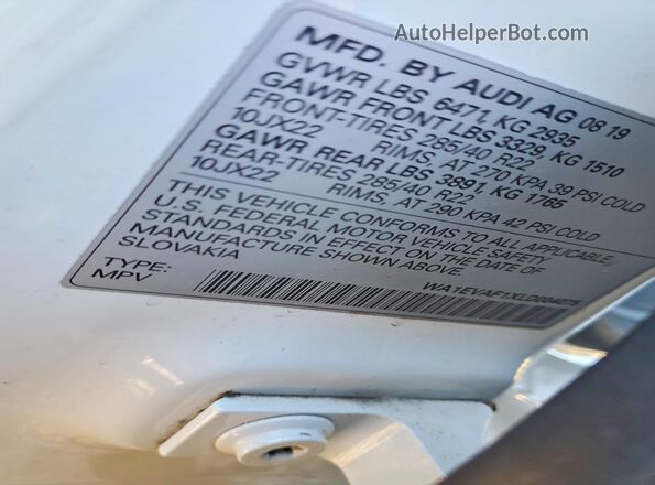 WA1EVAF1XLD004075 2020 AUDI Q8 Белый Вид наклейки с VIN-кодом