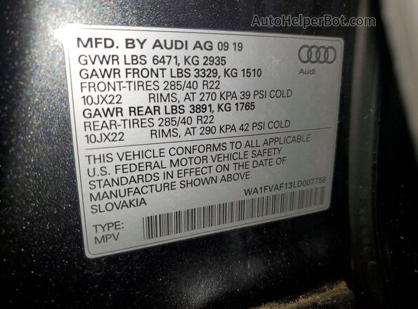 WA1FVAF13LD007758 2020 AUDI Q8 Серый Вид наклейки с VIN-кодом