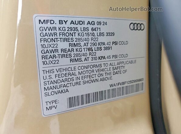 WA1FVBF12SD005603 2025 AUDI Q8 Желто-коричневый Вид наклейки с VIN-кодом