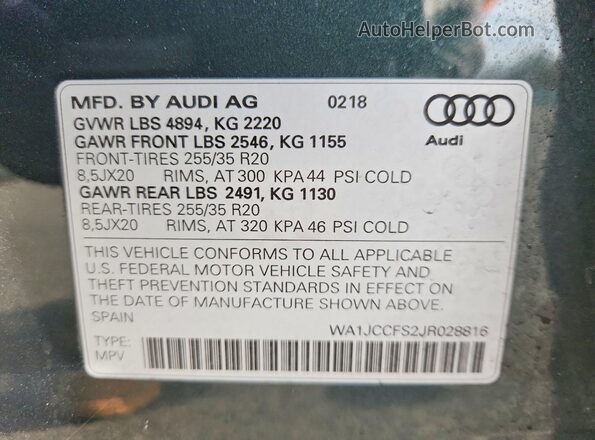 WA1JCCFS2JR028816 2018 AUDI Q3 Green Вид наклейки з VIN-кодом