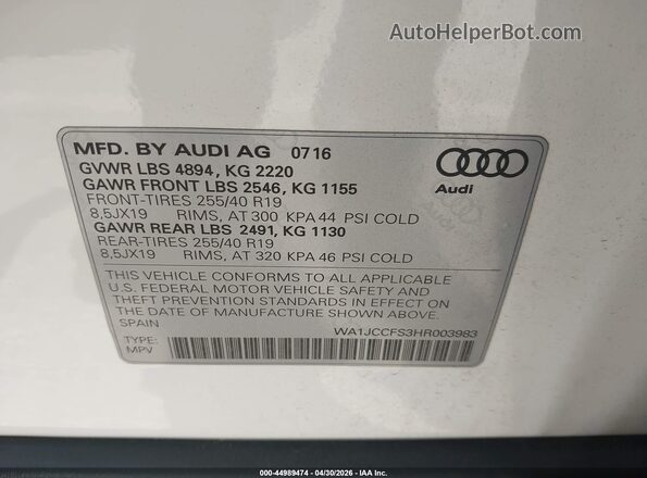 WA1JCCFS3HR003983 2017 AUDI Q3 White Engine compartment view