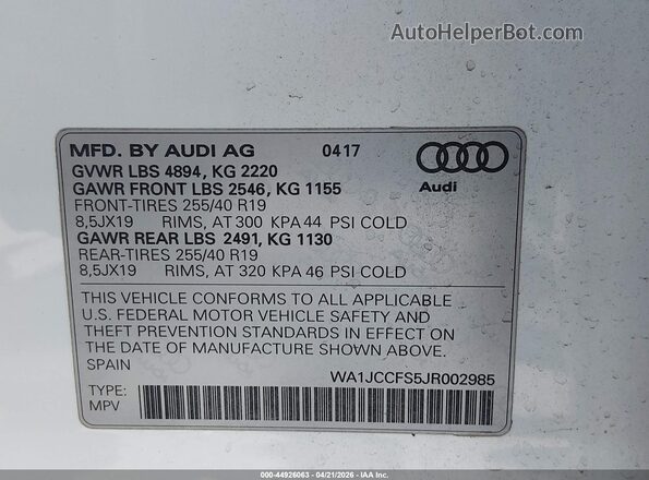 WA1JCCFS5JR002985 2018 AUDI Q3 White Widok komory silnika