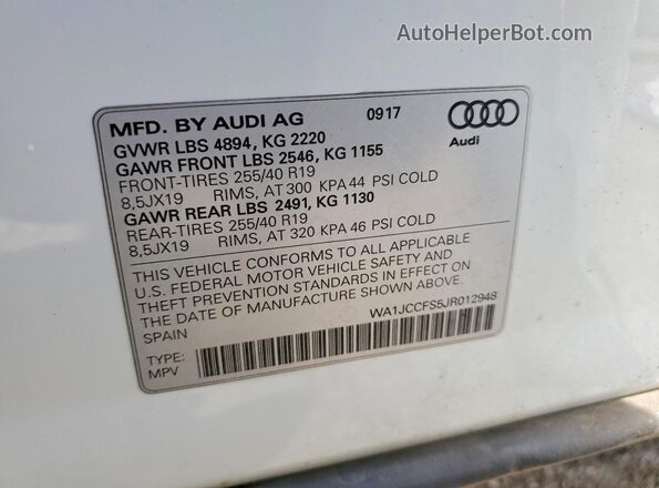 WA1JCCFS5JR012948 2018 AUDI Q3 White VIN sticker view
