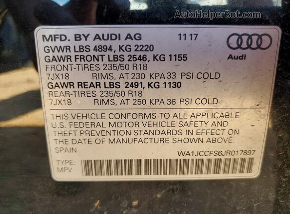 WA1JCCFS6JR017897 2018 AUDI Q3 Black Vista de la etiqueta del VIN