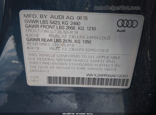WA1L2AFP0GA012097 2016 AUDI Q5 Blue Vista del compartimento del motor