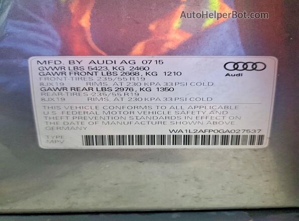 WA1L2AFP0GA027537 2016 AUDI Q5 Gray Widok naklejki z numerem VIN