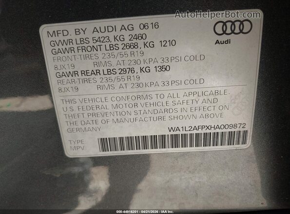 WA1L2AFPXHA009872 2017 AUDI Q5 Gray ძრავის განყოფილების ხედი