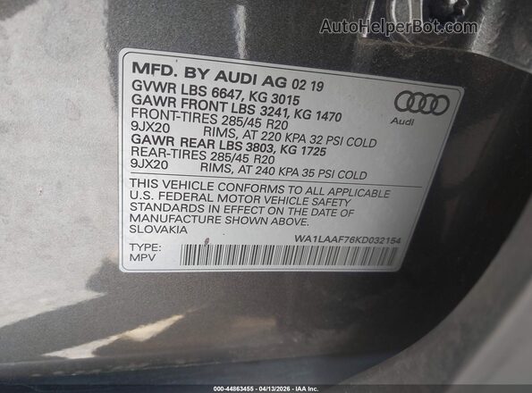 WA1LAAF76KD032154 2019 AUDI Q7 Серый Вид подкапотного пространства