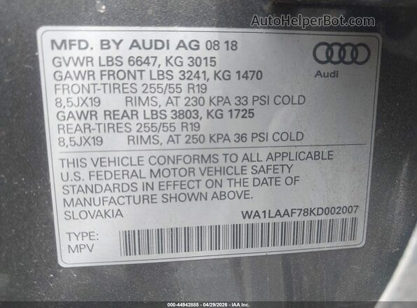 WA1LAAF78KD002007 2019 AUDI Q7 Серый Вид подкапотного пространства