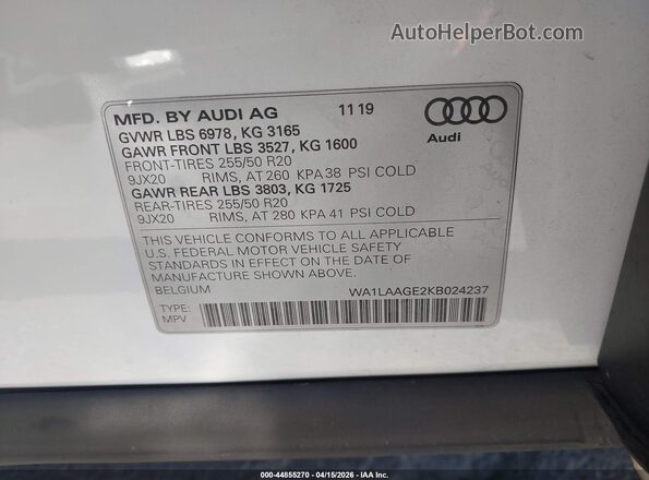 WA1LAAGE2KB024237 2019 AUDI E-TRON Black Engine compartment view