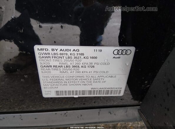 WA1LAAGE4KB024336 2019 AUDI E-TRON Black ძრავის განყოფილების ხედი