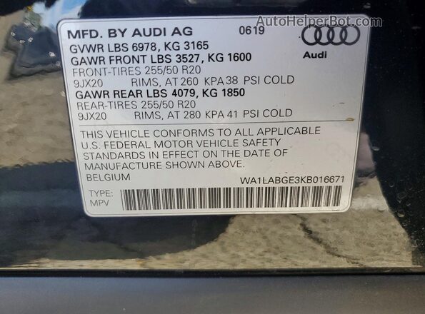 WA1LABGE3KB016671 2019 AUDI E-TRON Black 360 interior view