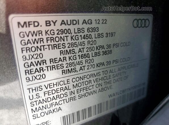 WA1LCBF7XPD010116 2023 AUDI Q7 Charcoal Vista de la etiqueta del VIN