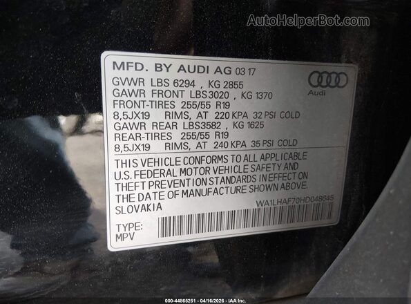 WA1LHAF70HD048645 2017 AUDI Q7 Черный Вид подкапотного пространства