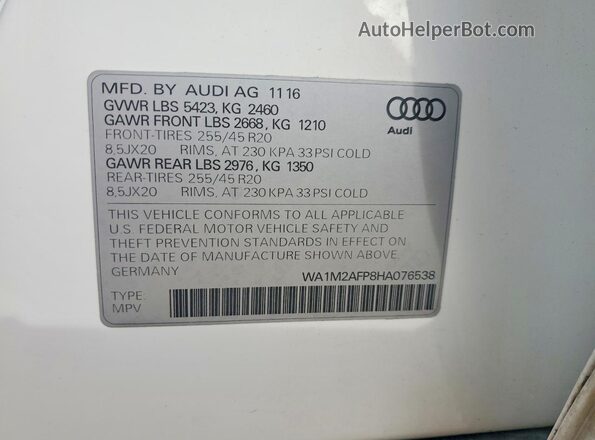 WA1M2AFP8HA076538 2017 AUDI Q5 White VIN კოდის სტიკერის ხედი
