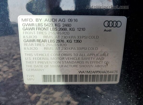 WA1M2AFPXHA054475 2017 AUDI Q5 Blue VIN კოდის სტიკერის ხედი