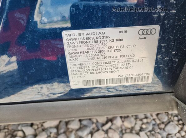 WA1VAAGE0KB021815 2019 AUDI E-TRON Blue ძრავის განყოფილების ხედი
