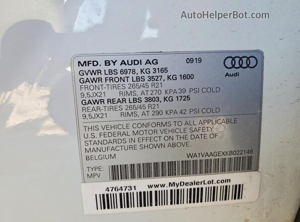 WA1VAAGEXKB022146 2019 AUDI E-TRON White Вид підкапотного простору