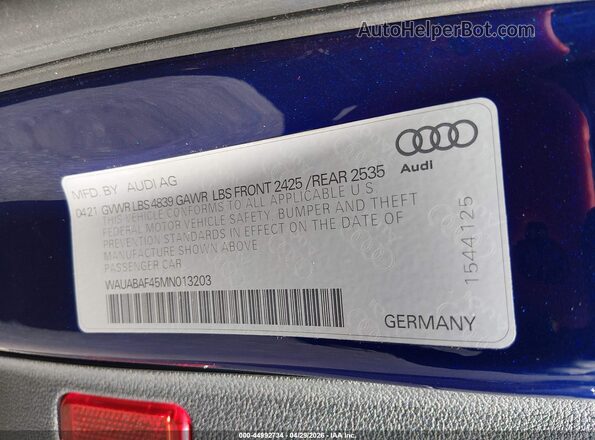 WAUABAF45MN013203 2021 AUDI OTHER Синий Вид подкапотного пространства